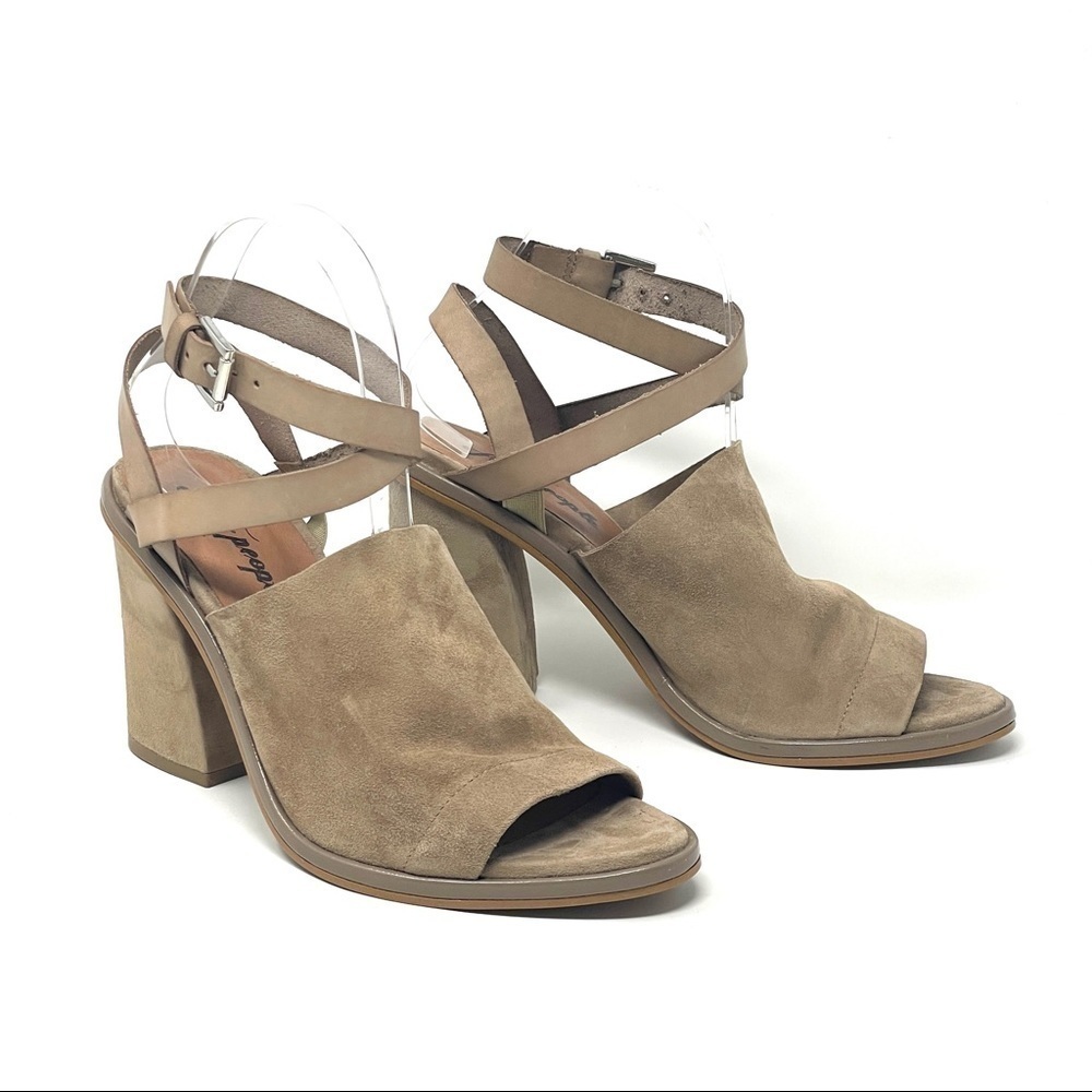 Free People See Ya There Taupe Suede Block Heel Sandals 40 US 10 Leather Heels - Picture 2 of 14